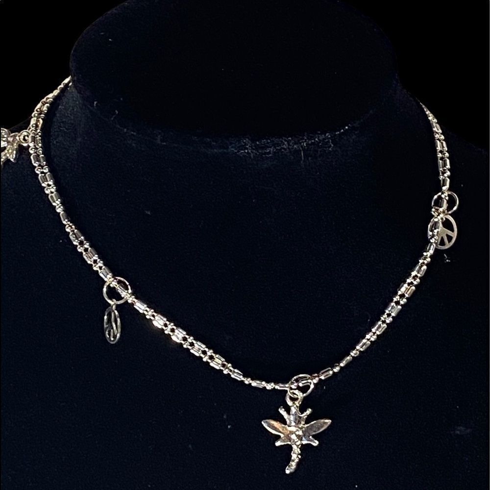 Sterling silver 925 adjustable ankle bracelet with cherries, peace, dragonfly